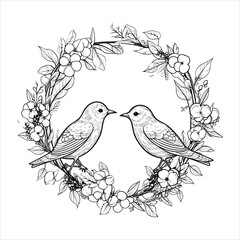 Hand drawn exotic love birds with vintage flower frame vector