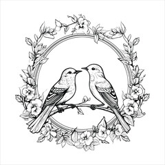 Fototapeta premium Hand drawn exotic love birds with vintage flower frame vector