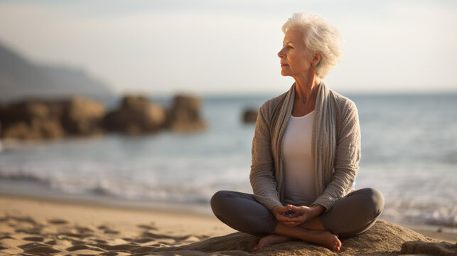 woman meditating on the beach