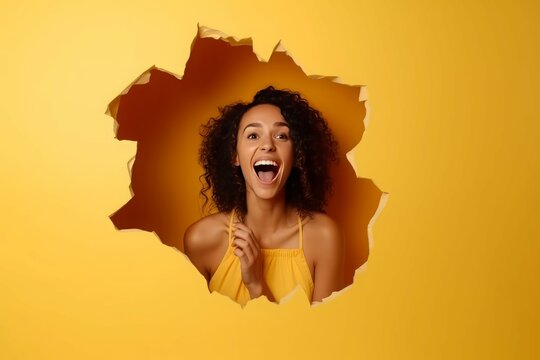 Woman surprised hole yellow paper. Person female. Generate Ai