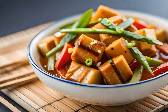 ﻿The main topic we are discussing is a plant-based meal called Tofu Stir Fry. The food is being photographed in a room that is bright with good lighting and has a plain background.. AI Generated