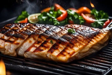 ﻿The text can be rewritten as: The camera is zoomed in on a grilled Mahi fish. It is being cooked on a grill with flames in the background.. AI Generated