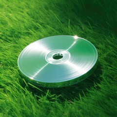 Gray CD on a green background. Compact disc. Generative AI.