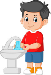 Cartoon little boy washing his hands