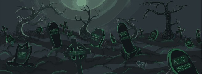 Halloween background, graveyard, creepy trees and zombies. Flat, vector illustration in hand-drawn style