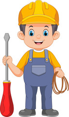 Electrician Engineer Working Man Character With Cable