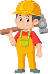 Cartoon construction worker carrying a big hammer