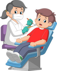 Dentist woman holding instruments and examining patient man teeth looking inside mouth