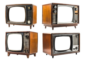 Set of retro wooden TV boxes cut out with frame screens cut out