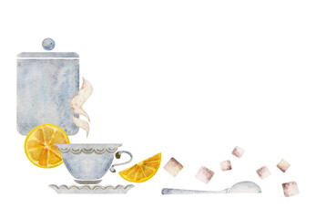 Watercolor hand drawn illustration. Porcelain tea storage jar and cup on saucer, spoon, lemon slices. Isolated on white background. For invitations, cafe, restaurant food menu, print, website, cards