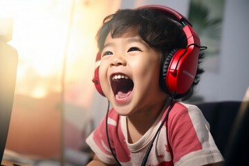 ヘッドフォンをつけてオンラインゲームを楽しむ日本人の子供（アジア人・ゲームバトル・通信教育） - obrazy, fototapety, plakaty