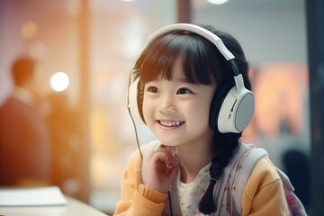 ヘッドフォンをつけてオンライン英会話や通信教育を受講する日本人の子供（アジア人・オンラインゲーム・オンライン教育） - obrazy, fototapety, plakaty