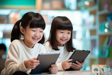 iPadで動画やゲームを楽しむ日本人の子供（アジア人・タブレット・通信教育）