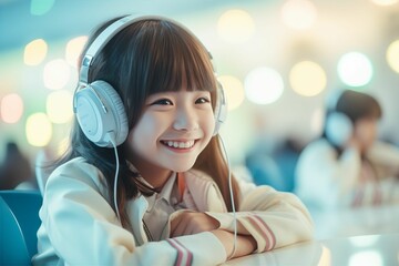 ヘッドフォンをつけてオンライン英会話や通信教育を受講する日本人の子供（アジア人・オンラインゲーム・オンライン教育） - obrazy, fototapety, plakaty