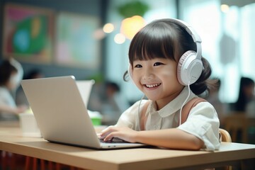 ヘッドフォンをつけてオンライン英会話や通信教育を受講する日本人の子供（アジア人・オンラインゲーム・オンライン教育）