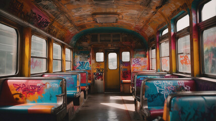 Bus car train interior in grafitti abandoned