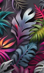 Tropical leaves on a gray background. Photo wallpaper with leaves. Fresco for the interior. Wall decor in grunge style. Painted leaves. Photo wallpapers, Generative AI 