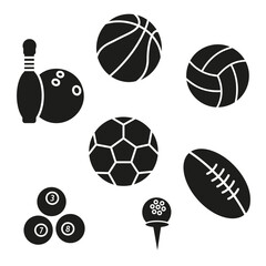 Dark hollow balls for various sporting events. Vector flat illustration. A set of various projectiles for sports games.