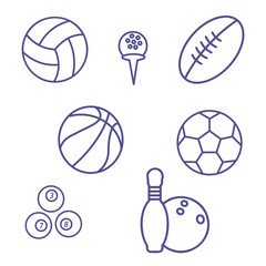 Ball icons for various sporting events in thin line. Vector flat illustration. A set of various projectiles for sports games.