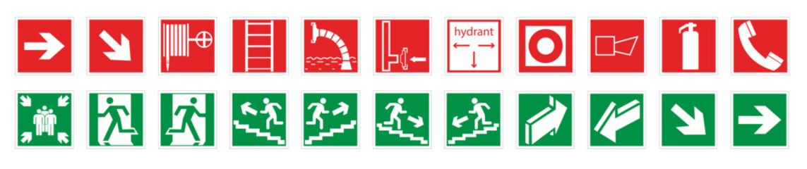 Signs of actions in case of emergency and fire. Emergency gathering place, actions in case of fire, first aid symbols.