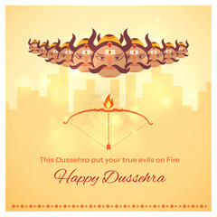 Happy Dussehra, Dasara Creative Post. Ravana, Fire. Real Estate Background Vector Design Template