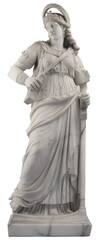 A full-length Greek statue of a female goddess on a transparent background, with a grainy texture, vintage illustration