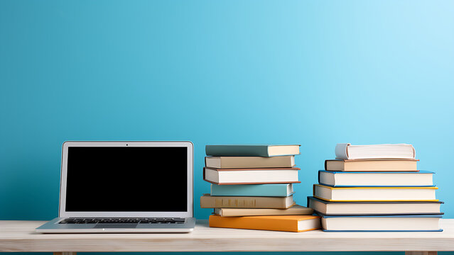 Back to school concept with laptop and books on blue background.