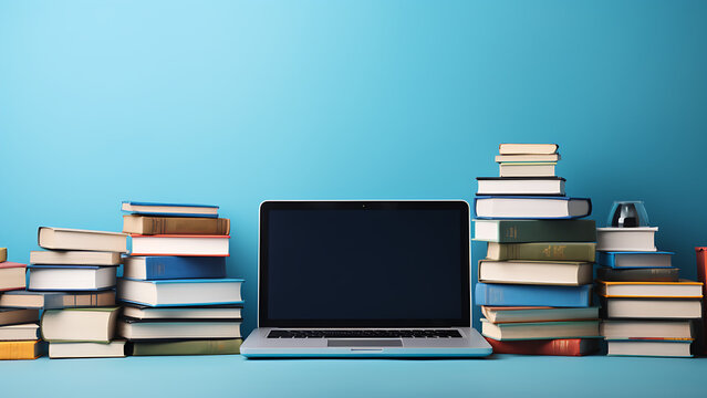 Back to school concept with laptop and books on blue background.