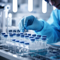 Fototapeta premium Medical laboratory research, chemist or researcher in gloves. Medicine healthcare pharma production lab laboratory science chemistry genetic