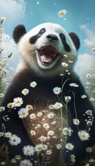 A cheerful panda enjoying the grass and under a bright blue sky, surrounded by flowers in a...