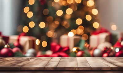 Fototapeta na wymiar Empty wooden table, blurred Christmas background