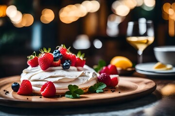 ﻿This text talks about a yummy dessert called Pavlova and why it is really tasty and important. There is a good restaurant located behind this area.. AI Generated - obrazy, fototapety, plakaty