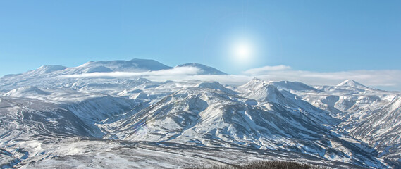 Mutnovsky volcano on the Kamchatka Peninsula in winter on a sunny day