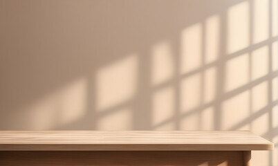 Fototapeta premium Wooden table and sunlit wall, product mockup template