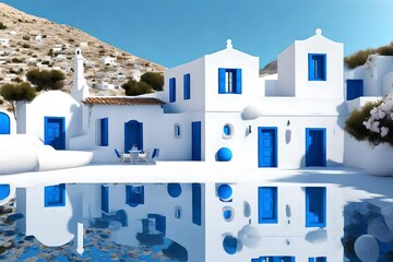 Scenic view of traditional cycladic white house and blue domes in  village.