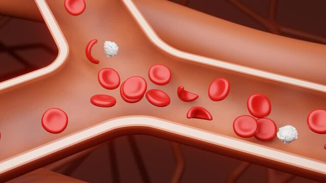Y-shaped junction in blood capillary with moving sickle red blood cause thrombosis 3d rendering