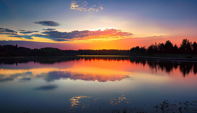 A picture capturing a lively sunset above a tranquil lake, where the water reflects a spectrum of vibrant colors