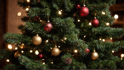 Image of a green Christmas tree for the background, full color, beautiful, impressive with red and gold ball decorations at night with burning candles in a wooden house