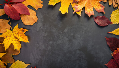 Top-down view of a dark surface adorned with autumn leaves, offering ample space for text or design
