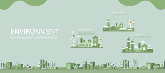 The environment Vector illustration concept. Sustainability. Electric renewable energy station with windmills, solar power plant and coal factory generating electricity for industry.  - obrazy, fototapety, plakaty