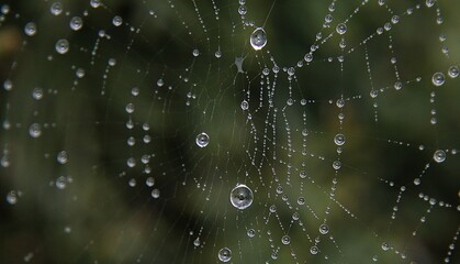 tela de araña con gotas de agua del rocio de la mañana