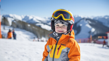 Fototapeta na wymiar Portrait of a kid skier in helmet and winter clothes on the background of snow-covered mountain slope