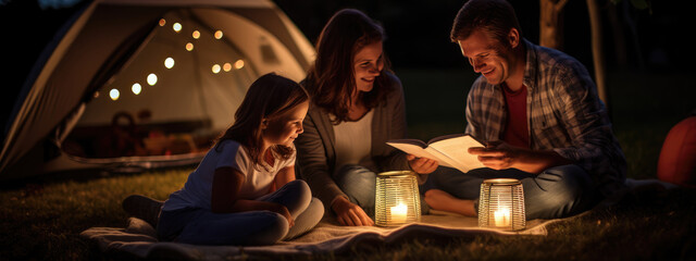 Parent reads a book to a child while camping in a tent in the countryside