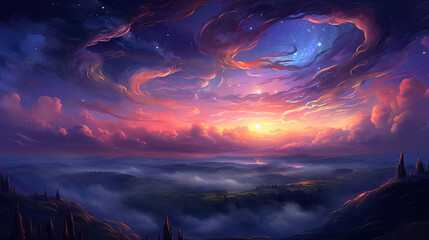 Magical swirl of stars dancing amidst summer evening clouds AI generative
