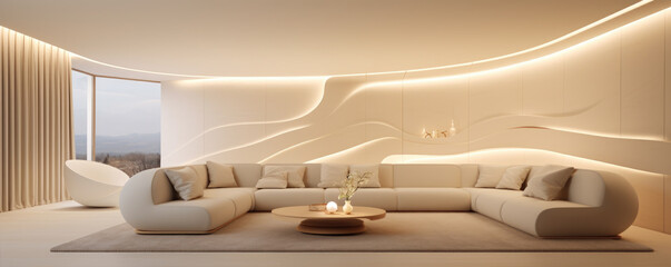 Creamy modern living room. Minimalist style interior design.
