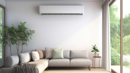 Air conditioner on white wall in modern room with stylish grey sofa