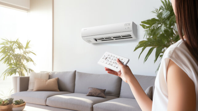 Hand holding remote control aimed at the air conditioner. Woman turning on air conditioner with remote control.