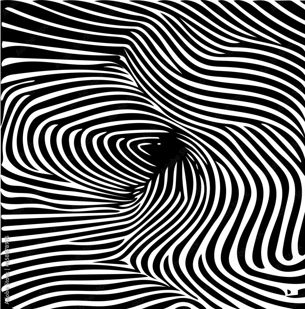 Wall mural black and white illustration of psychic waves, spiral pattern, zebra lines, optical illusion art