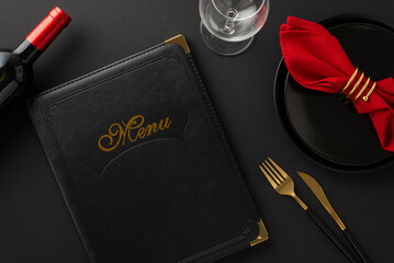 Black Friday special at luxurious restaurant: Top view of meticulously arranged table featuring...