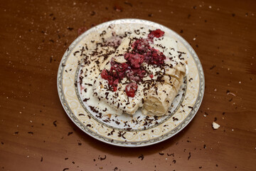 dessert cottage cheese, raspberries and chocolate chips
